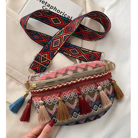 Western Multicolor Embroidered Tassel Detail Zip up Sling Crossbody Bag - Picture 2 of 6